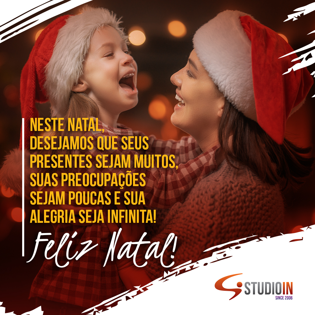 Neste Natal, desejamos que seus presentes sejam muitos, suas preocupações sejam poucas e sua alegria seja infinita! Feliz Natal!